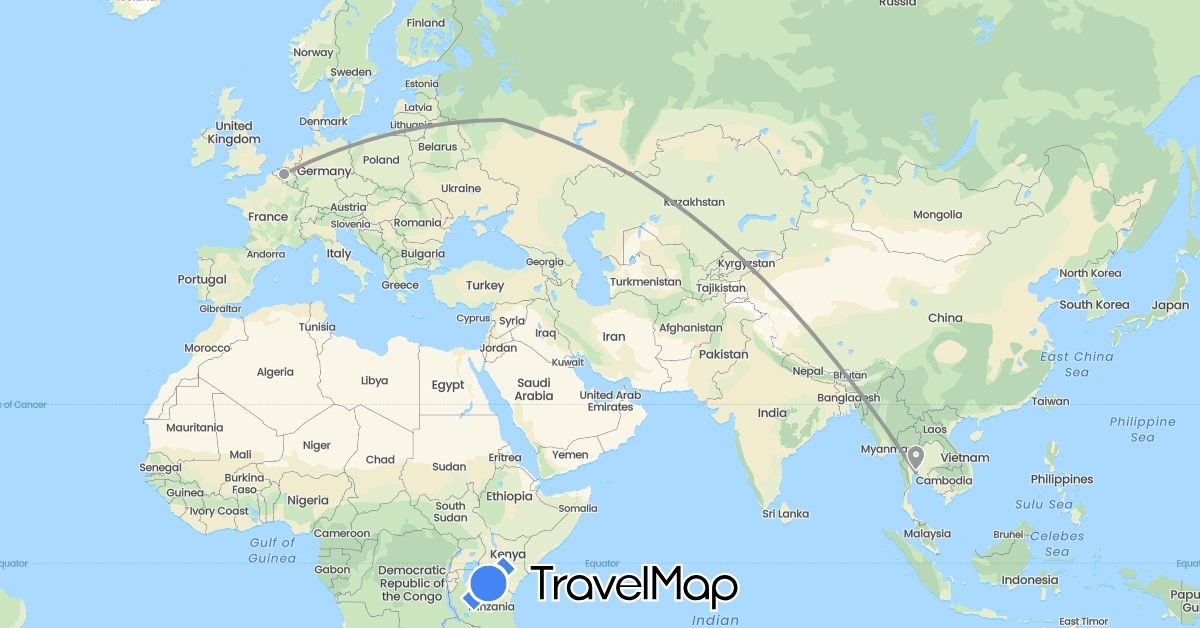 TravelMap itinerary: plane in Belgium, Thailand (Asia, Europe)